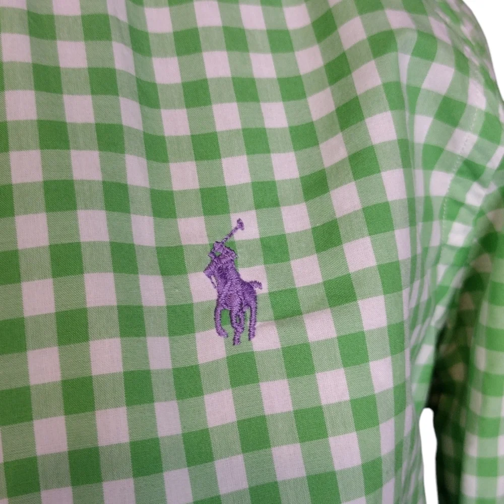 Polo Ralph Lauren green white plaid rounded hem cotton women's small Blouse - Picture 4 of 10